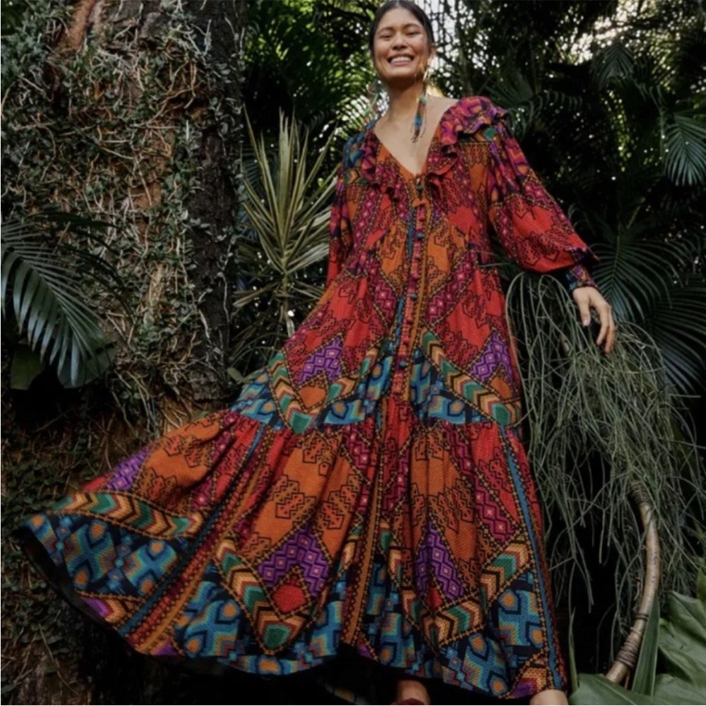 Farm Rio Yawanawa Stripes Ankle Maxi Boho Dress Size Extra Small